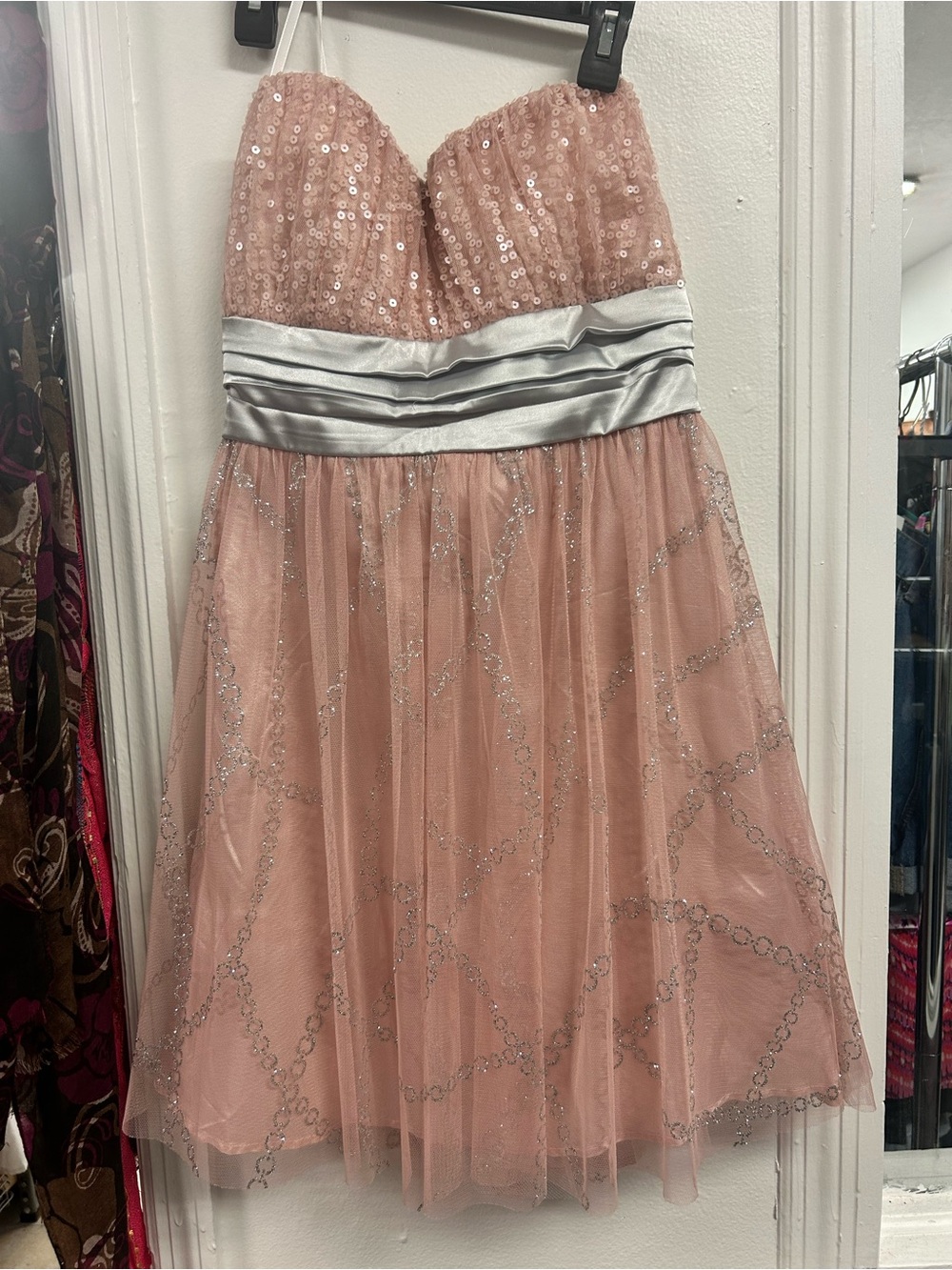 Deb Blush Pink Strapless Sequin Glitter Tulle Party Dress Size Large
